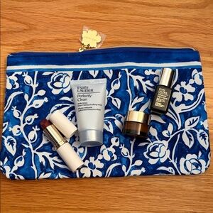 Estee Lauder Blue and White Floral Bag with Skincare and Lipstick bundle of 5